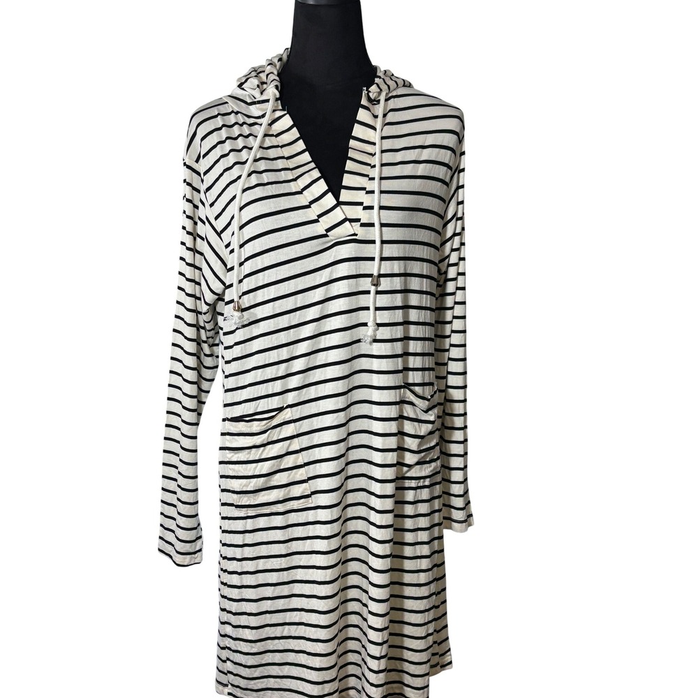 Kiwi Punch Ecru Black Striped Hoodie Tunic‎ Dress Medium Pockets UPF 50+